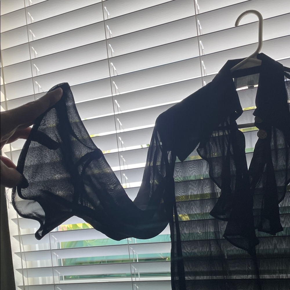 3 pc set sheer Black Ruffle Blouse skirt high waist pants ruffle Button Detail - Picture 3 of 16